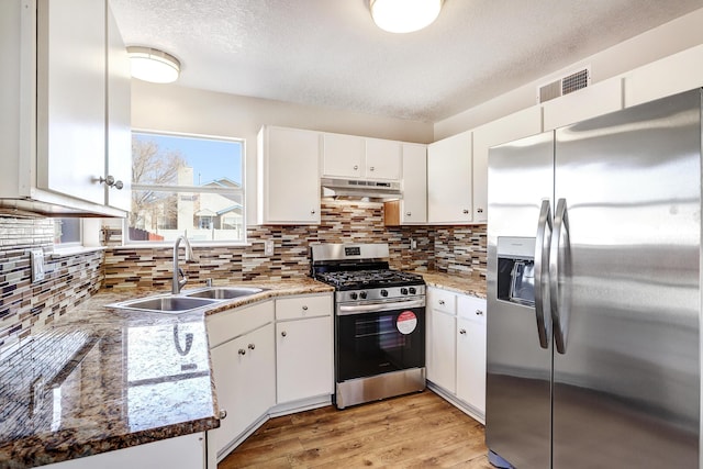 kitchen with under cabinet range hood, a sink, visible vents, appliances with stainless steel finishes, and light wood-type flooring