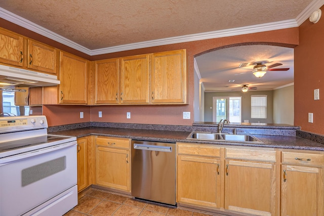 kitchen with under cabinet range hood, a sink, stainless steel dishwasher, white range with electric cooktop, and crown molding