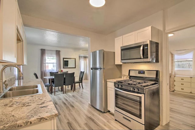 kitchen featuring stainless steel appliances, light wood finished floors, a sink, and white cabinets