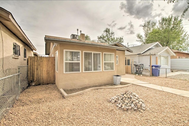 view of front of property with a fenced backyard and stucco siding