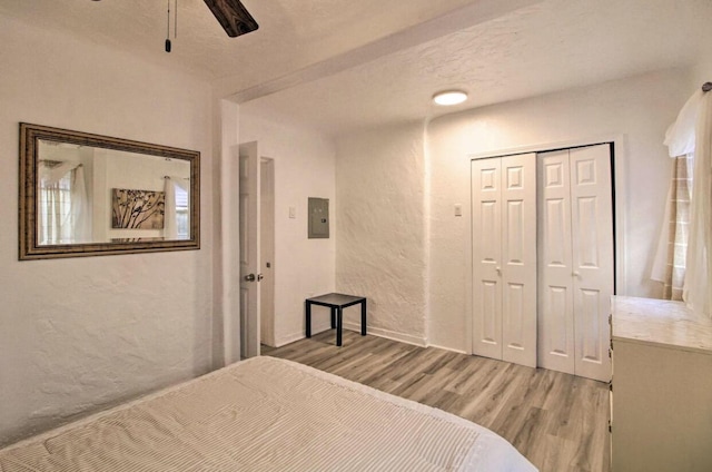 bedroom with electric panel, a textured wall, ceiling fan, light wood-type flooring, and a closet