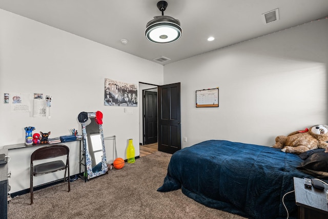 bedroom featuring carpet floors, recessed lighting, and visible vents