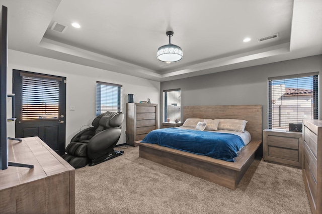 carpeted bedroom with visible vents and a raised ceiling