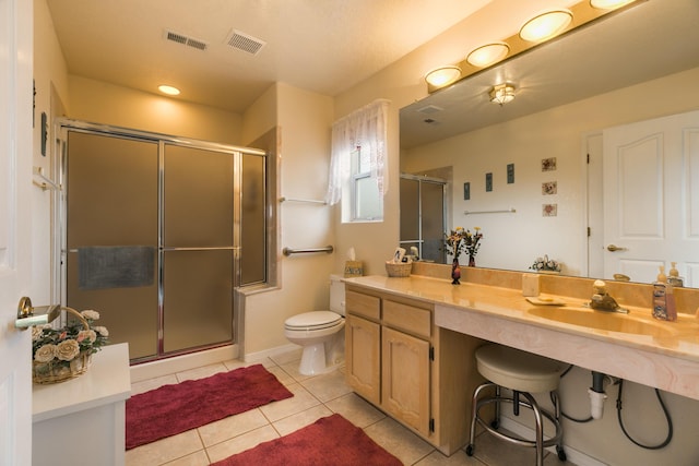 bathroom with tile patterned floors, toilet, visible vents, and a shower stall