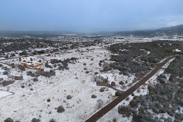 snowy aerial view with a mountain view