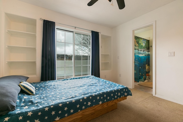 bedroom featuring a ceiling fan, carpet, and baseboards