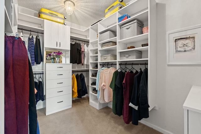 walk in closet with light carpet