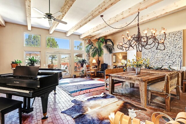 7 Calle Cholla, Placitas, NM 87043 - sunroom / solarium featuring french doors, beamed ceiling, and a chandelier