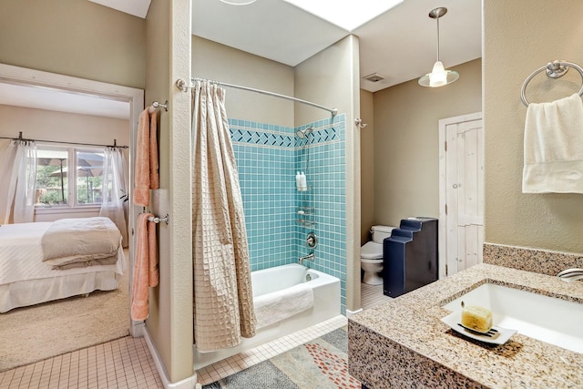 full bath featuring visible vents, connected bathroom, toilet, tile patterned floors, and shower / bath combination with curtain