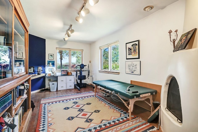 office space featuring dark wood-type flooring and track lighting