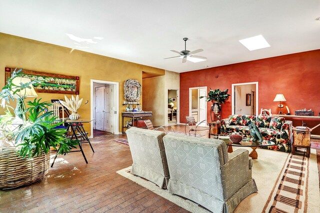 7 Calle Cholla, Placitas, NM 87043 - living room with ceiling fan, brick floors, and a skylight
