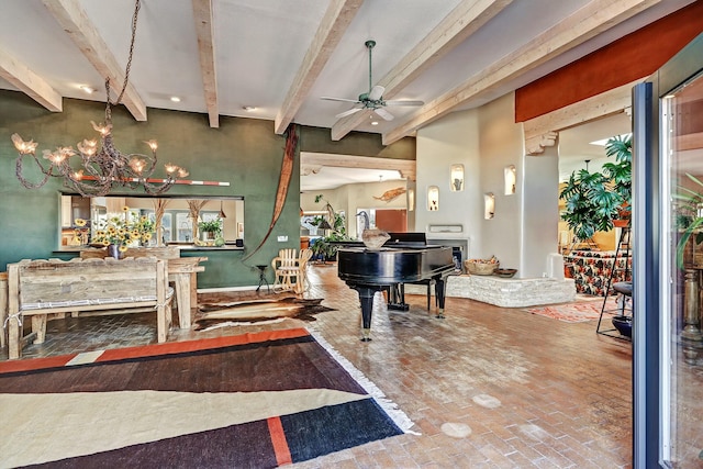 7 Calle Cholla, Placitas, NM 87043 - foyer entrance featuring brick floors, a ceiling fan, beam ceiling, and a chandelier