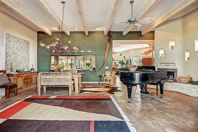 7 Calle Cholla, Placitas, NM 87043 - foyer featuring brick floors, a ceiling fan, a chandelier, beamed ceiling, and recessed lighting