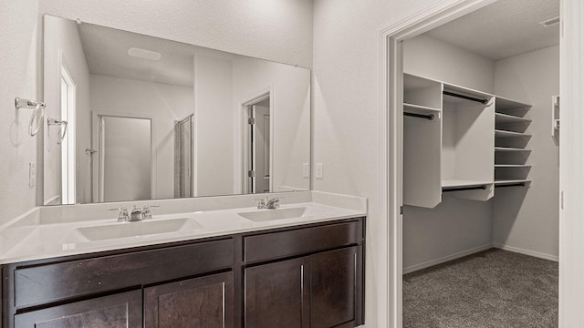 bathroom with a spacious closet, double vanity, a sink, and baseboards