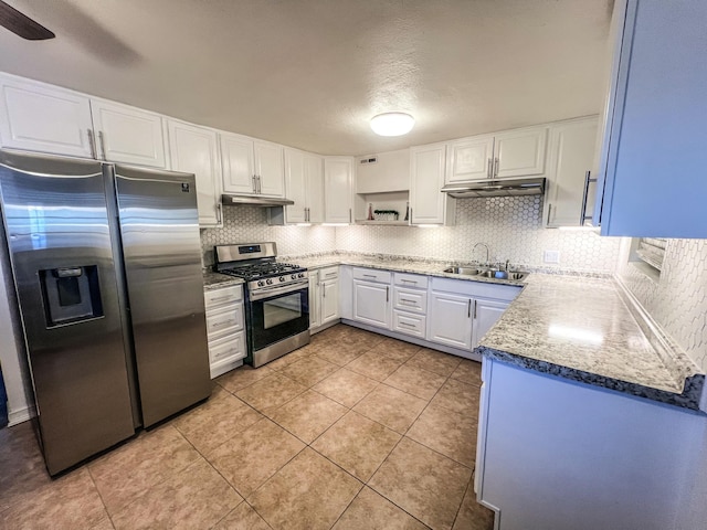 kitchen with appliances with stainless steel finishes, a sink, white cabinetry, and under cabinet range hood