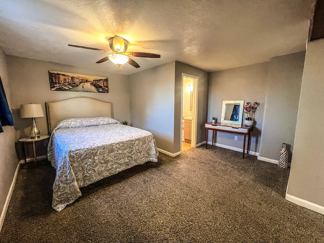 carpeted bedroom with connected bathroom, ceiling fan, a textured ceiling, and baseboards