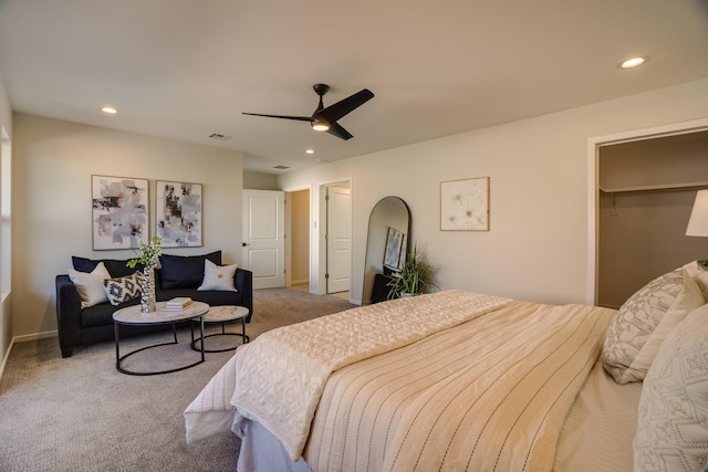 bedroom with recessed lighting, visible vents, baseboards, a ceiling fan, and carpet