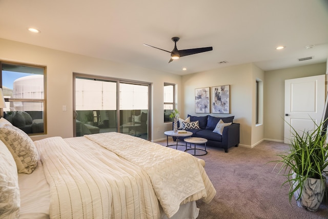 bedroom with recessed lighting, visible vents, carpet flooring, access to outside, and baseboards