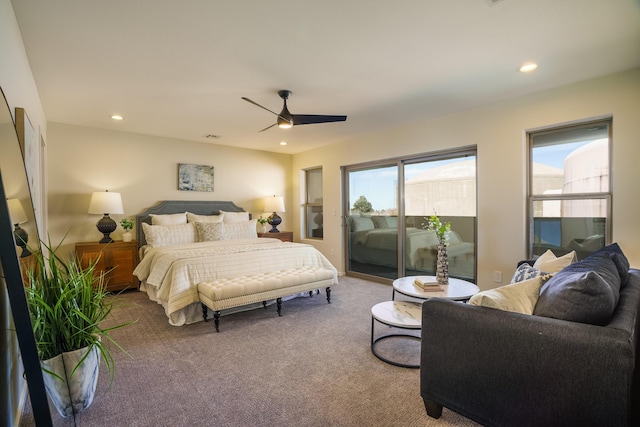 bedroom featuring access to outside, ceiling fan, carpet, and recessed lighting