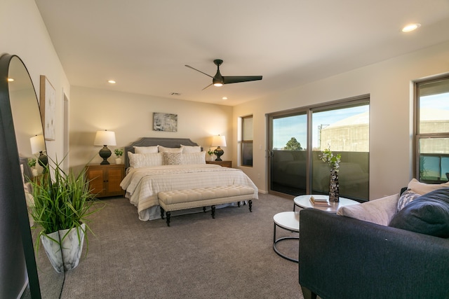 carpeted bedroom with access to outside, multiple windows, a ceiling fan, and recessed lighting