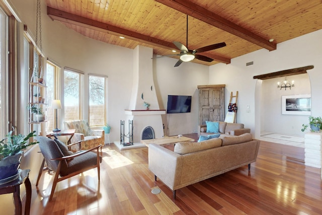 living area with beam ceiling, wooden ceiling, a fireplace, and wood finished floors