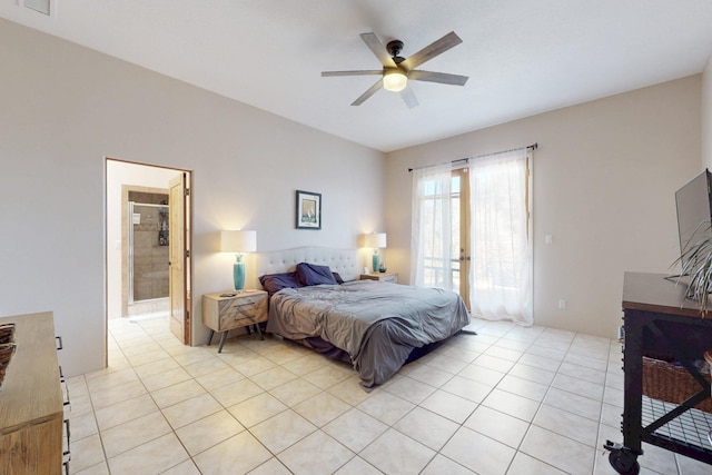 bedroom with ensuite bathroom, a ceiling fan, access to exterior, and light tile patterned flooring