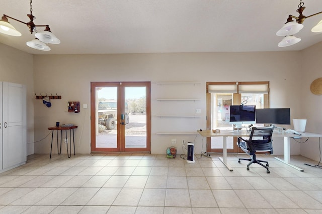 office space featuring light tile patterned floors and french doors