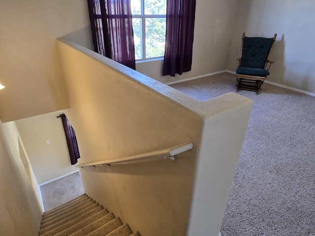 stairway with carpet flooring and baseboards