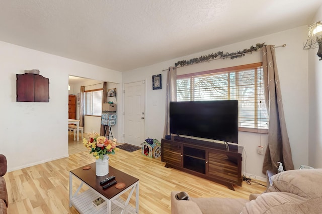 living room featuring a textured ceiling, baseboards, and wood finished floors