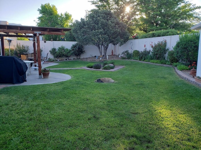 view of yard featuring a patio, a fenced backyard, and a pergola