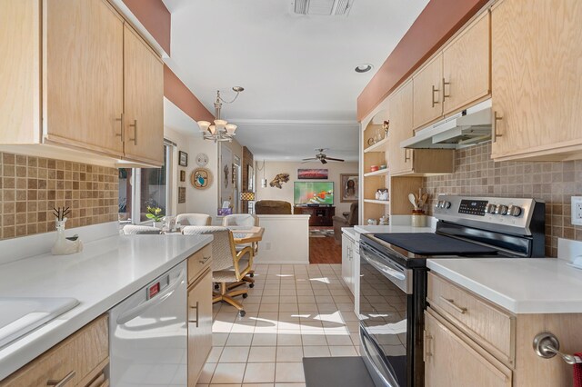 kitchen featuring light tile patterned floors, electric range, light brown cabinets, dishwasher, and under cabinet range hood