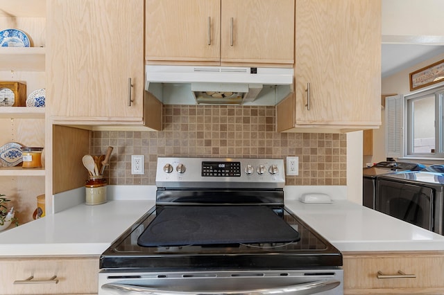 kitchen with light brown cabinetry, stainless steel range with electric stovetop, and under cabinet range hood