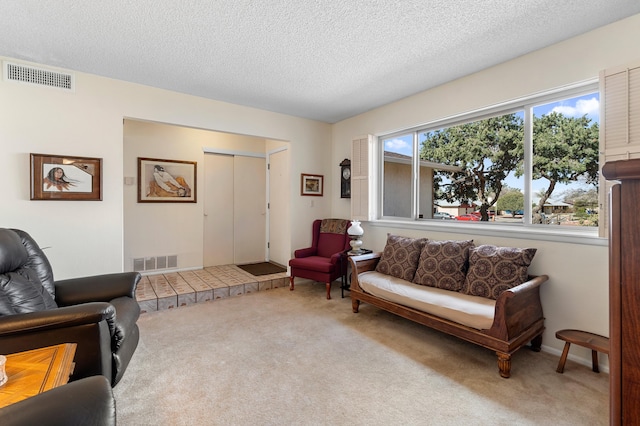 carpeted living area with visible vents and a textured ceiling