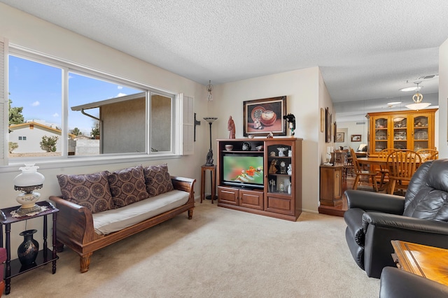 carpeted living room with a textured ceiling