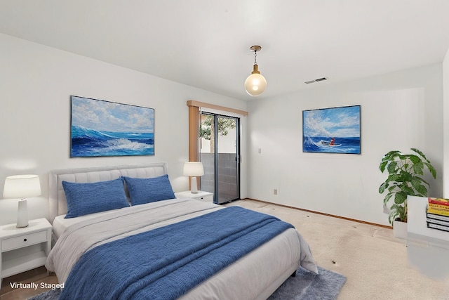 bedroom featuring access to exterior, visible vents, light colored carpet, and baseboards