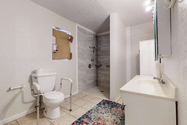 full bath featuring toilet, vanity, a textured ceiling, a walk in shower, and tile patterned flooring