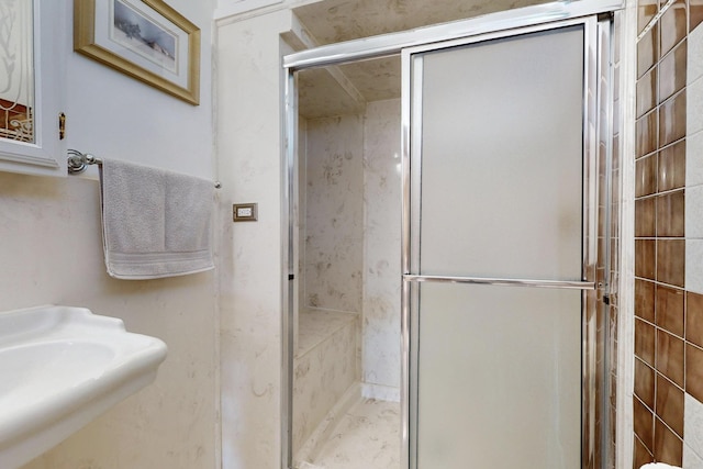 bathroom featuring a sink and a shower stall