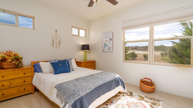 carpeted bedroom featuring a ceiling fan and multiple windows