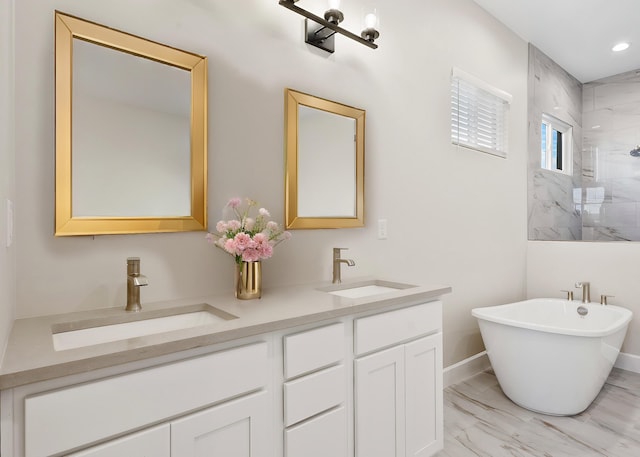 full bathroom featuring marble finish floor, a sink, a marble finish shower, and double vanity