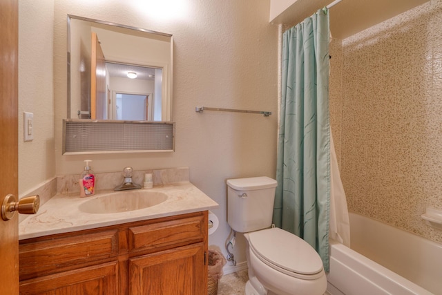 full bath with toilet, shower / bath combo, and vanity