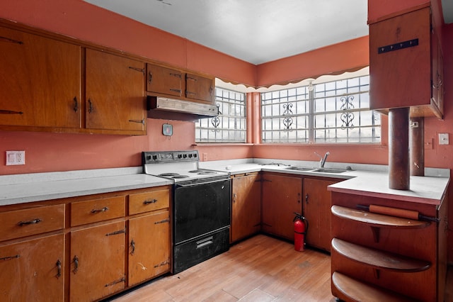 kitchen featuring brown cabinets, light countertops, under cabinet range hood, a sink, and range with electric stovetop