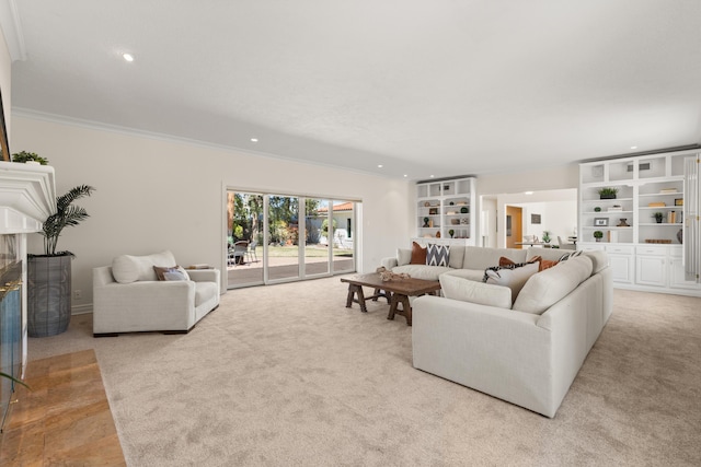 living room with light carpet, a fireplace with flush hearth, crown molding, and recessed lighting