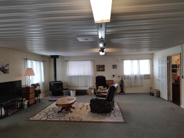 carpeted living room with plenty of natural light and a wood stove