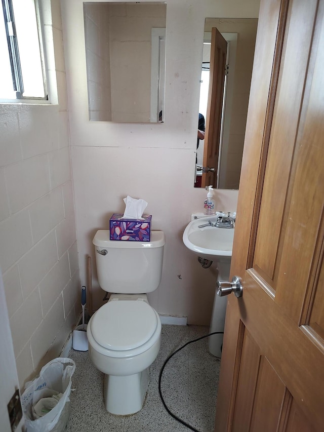 bathroom featuring toilet, speckled floor, and a sink