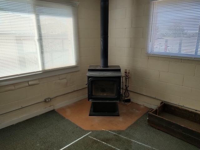 interior details with concrete block wall and a wood stove