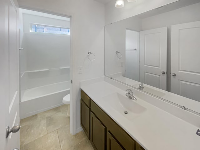 full bathroom featuring tile patterned flooring, toilet, vanity, a shower, and a bath