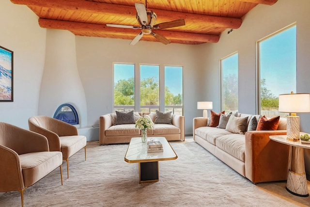 sunroom / solarium with ceiling fan, beam ceiling, and wood ceiling