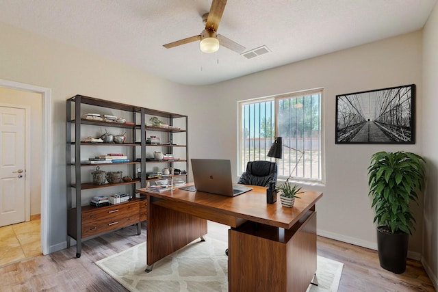 office featuring visible vents, baseboards, ceiling fan, a textured ceiling, and light wood-style floors