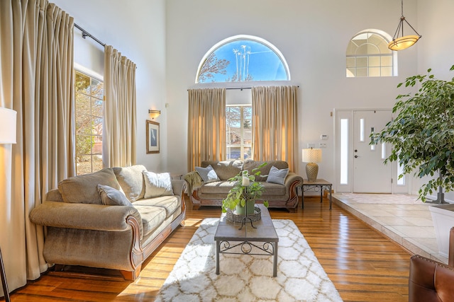 living room with a high ceiling and wood finished floors