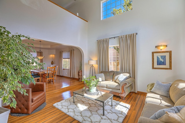 living room with arched walkways, hardwood / wood-style floors, a high ceiling, and baseboards